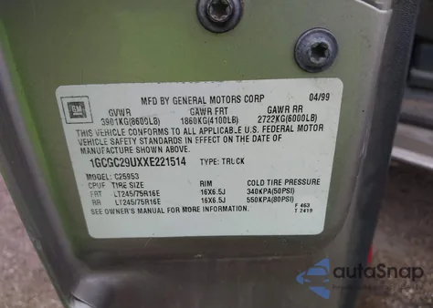 1999 Chevrolet Silverado 2500 Ls из США, поврежденный, VIN 1GCGC29UXXE221514